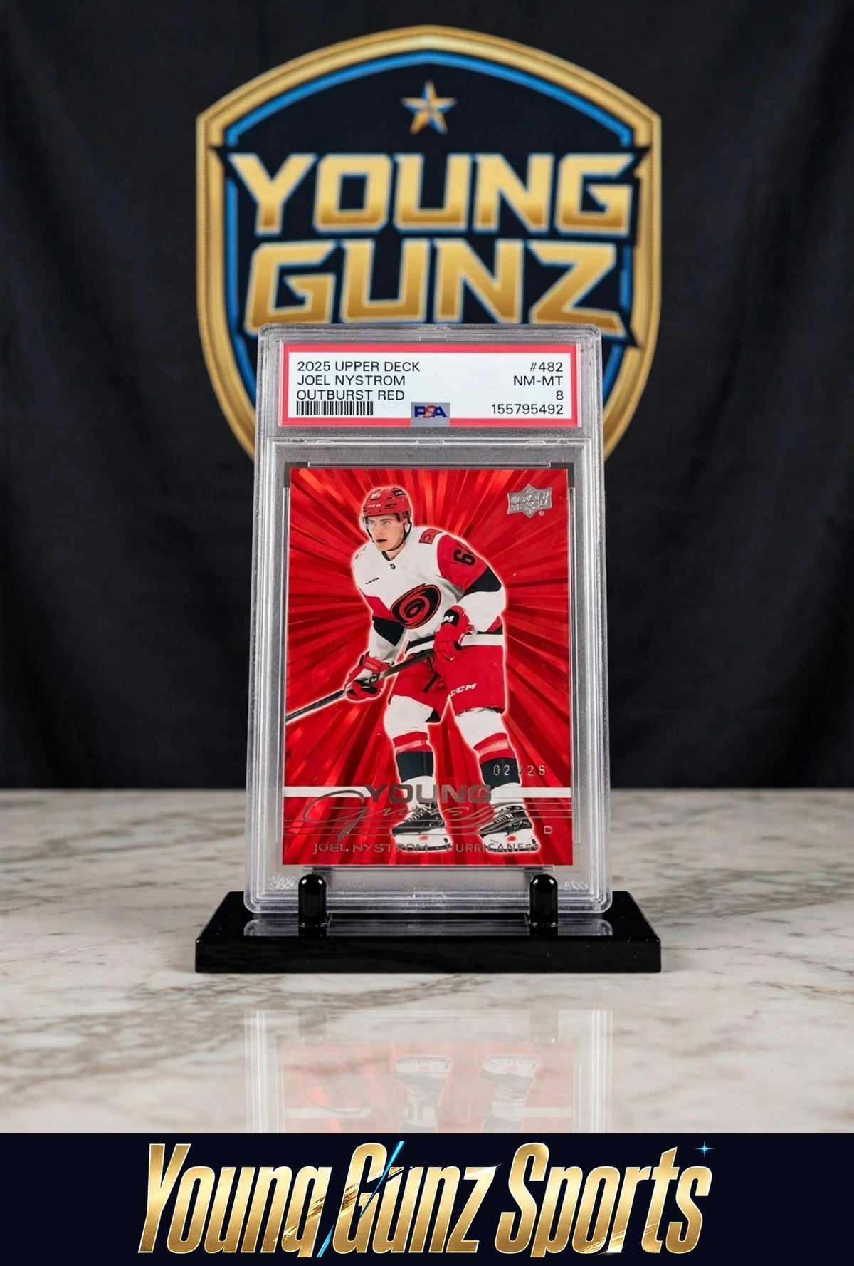 2025 UPPER DECK YOUNG GUNS OUTBURST RED /25 JOEL NYSTROM RC PSA 8